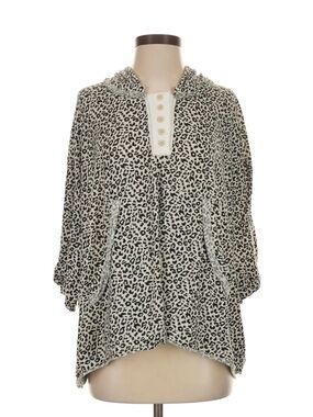POL Leopard Print Hooded Henley Top in Cream and Black